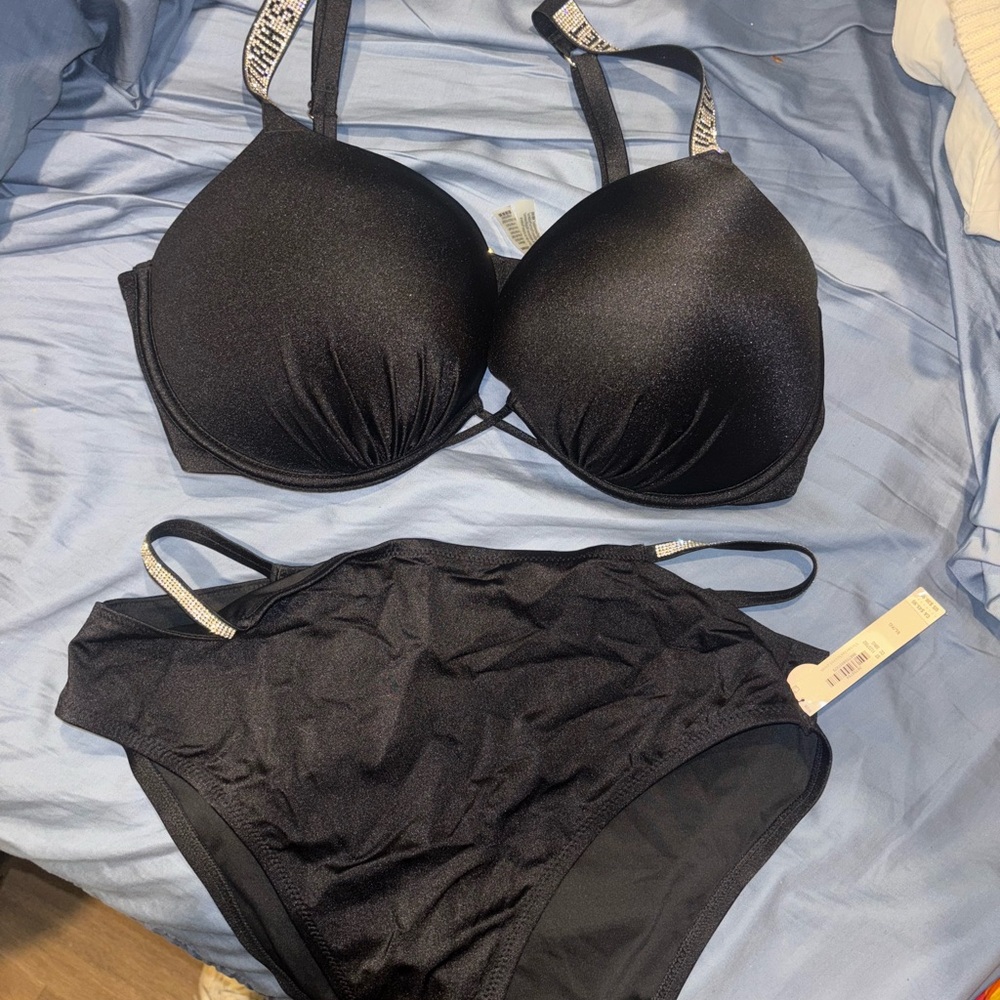 Victoria’s Secret Bling Black Bikini Set with Logo Straps 38DD XL. Brand new